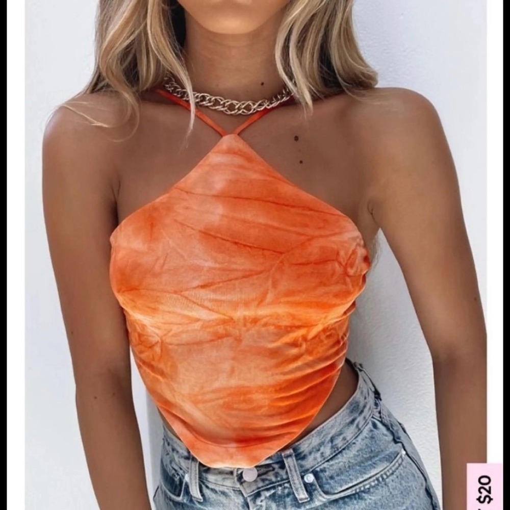 White Fox Boutique Front Woman Crop‎ Halter Top Fiery Red Tie Dye XS